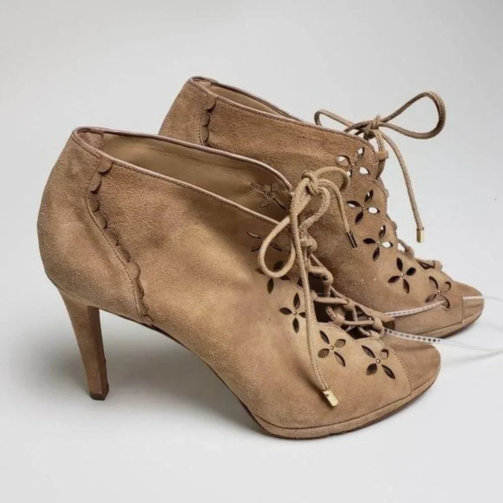 NEW Michael Kors Peep Toe Boots Women 10 Beige Suede Designer Chic Fairy
